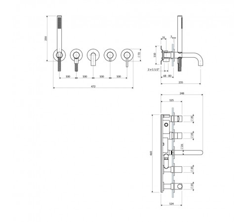смеситель для ванны Omnires Y на 5 отверстий brushed brass (Y1237-1SBSB)