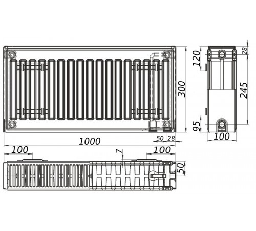 Радиатор стальной панельный KALITE 22 низ/справа 300х1000 (без INNER)