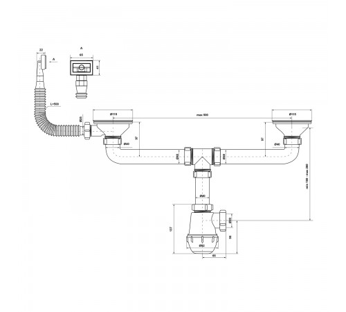 Сифон двойной для кухонной мойки KronoPlast 3 1/2” х40 мм с резьбовыми выпусками, прямоугольным переливом SM45710300 (CV019546)