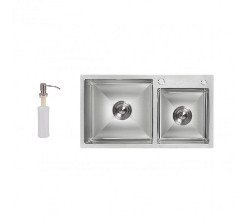 Мийка для кухні з двома чашами інтегрована Lidz Handmade H7843 (LDH7843BRU35387) Brushed Steel 3,0/1,0 мм