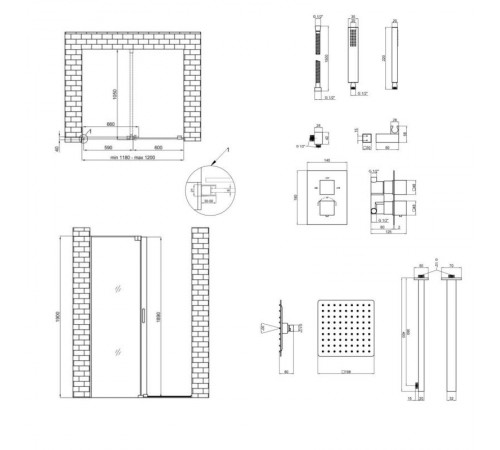 Готовое решение Qtap 14: Стена Walk-In GLIDE, 120x190+ Душ. набор скрытого монтажа с термостатом