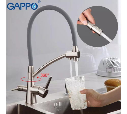 Змішувач для кухні на дві води GAPPO G4398 з гнучким виливом, сірий/сатин