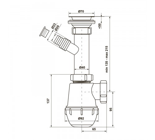 Сифон для кухонной мойки KronoPlast 1 1/2'х40 мм с резьбовым выпуском, отводом для стиральной машины SM14020000